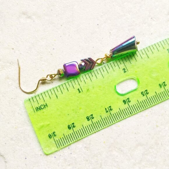 Peacock Purple Hues!!! One-of-a-kind Pair of Electroplated Dangle Earrings - Picture 6 of 7